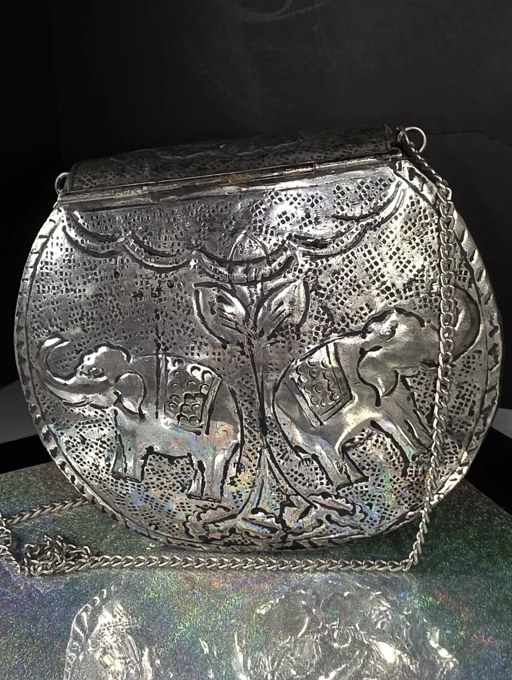 Ethnic Silver Women Gift Silver Etched Metal Elephant Bag Bridal Party Purse